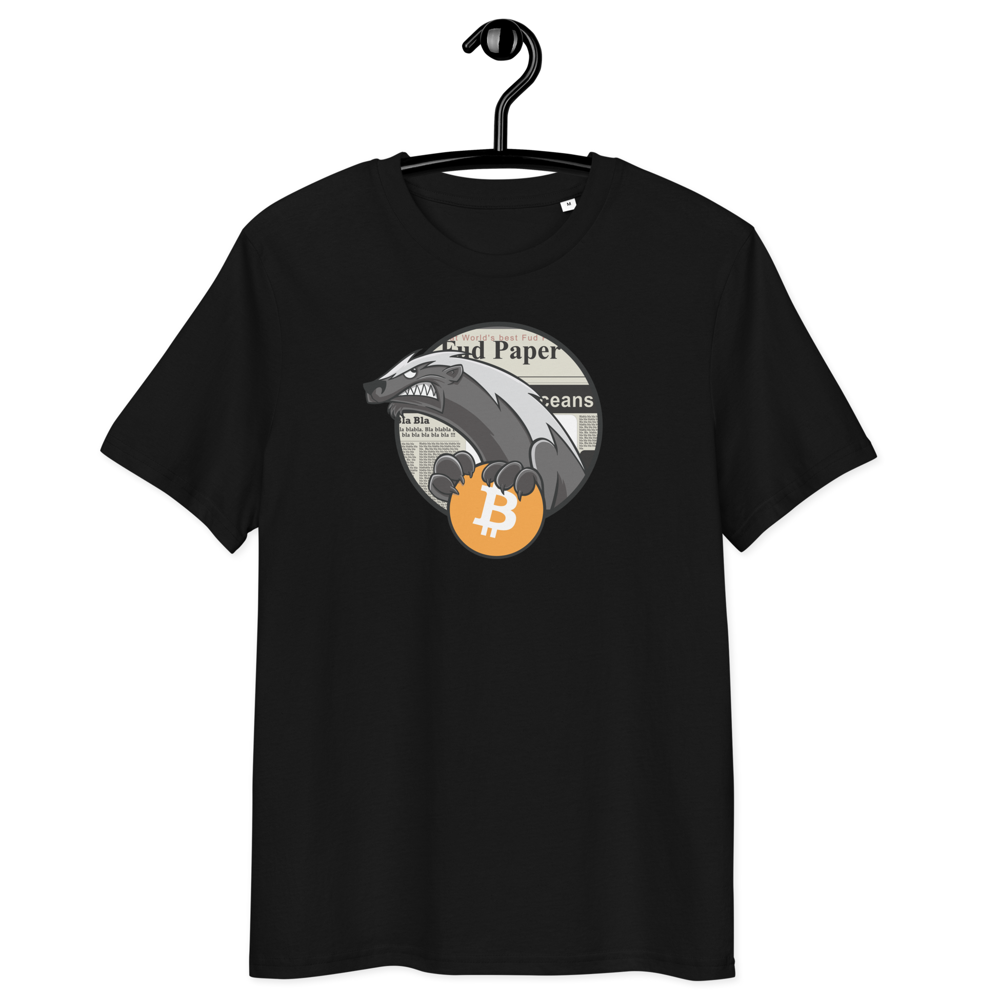 Front view of a black bitcoin t-shirt.