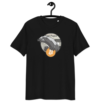 Front view of a black bitcoin t-shirt.