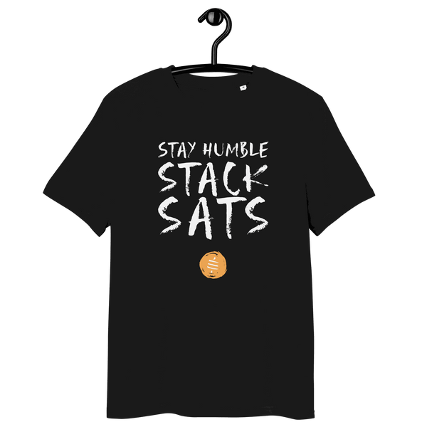 Stay Humble Stack Sats organic cotton Bitcoin T-shirt with sustainable certifications
