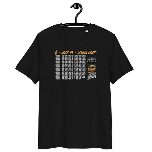 Front view of a black bitcoin t-shirt.