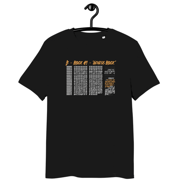 Certification logos for OEKO-TEX, PETA, GOTS, OCS, and GRS on Genesis Block organic cotton Bitcoin t-shirt