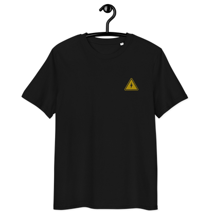 Front view of a black bitcoin t-shirt.