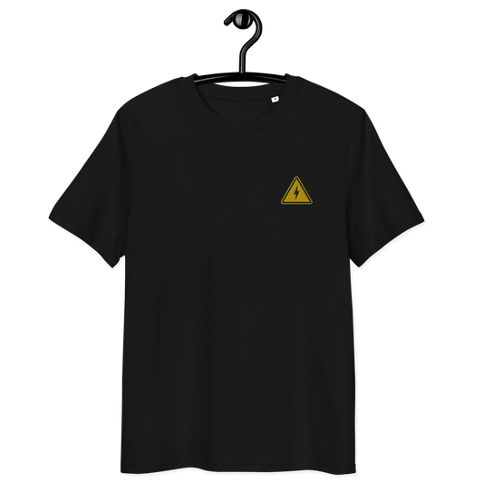 Front view of a black bitcoin t-shirt.