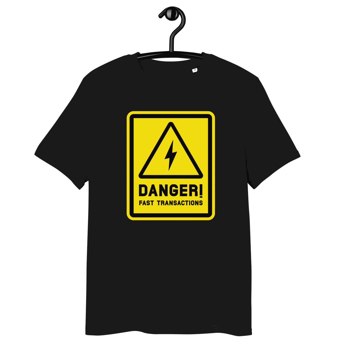 Front view of a black bitcoin t-shirt.