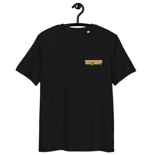 Front view of a black aln t-shirt.