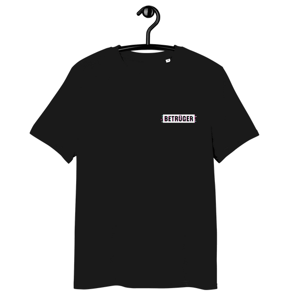 Anarcho Late Night Betrüger organic cotton t-shirt with matrix glitch design and certification logos