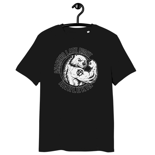 Anarcho Late Night organic cotton t-shirt with OEKO-TEX, PETA, GOTS, OCS, and GRS certification logos