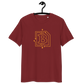 Front view of a burgundy bitcoin t-shirt.