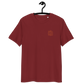 Front view of an embroidered burgundy bitcoin t-shirt.