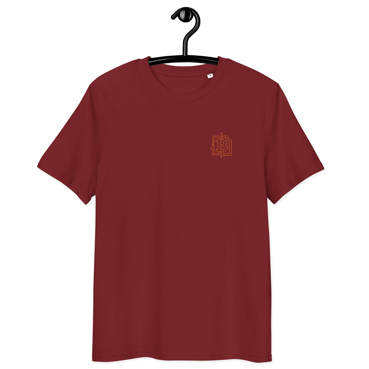 Front view of an embroidered burgundy bitcoin t-shirt.