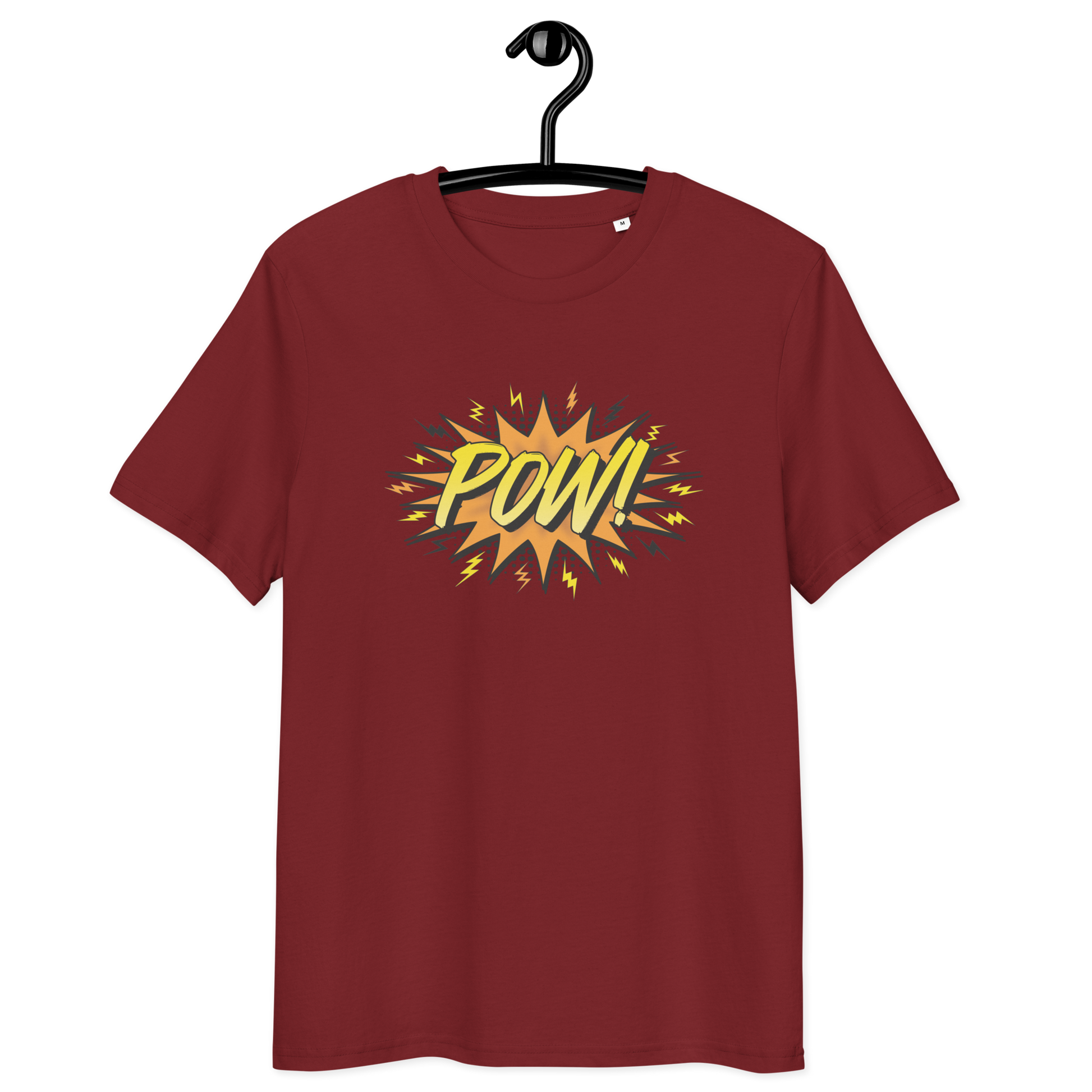 Front view of a burgundy bitcoin t-shirt.