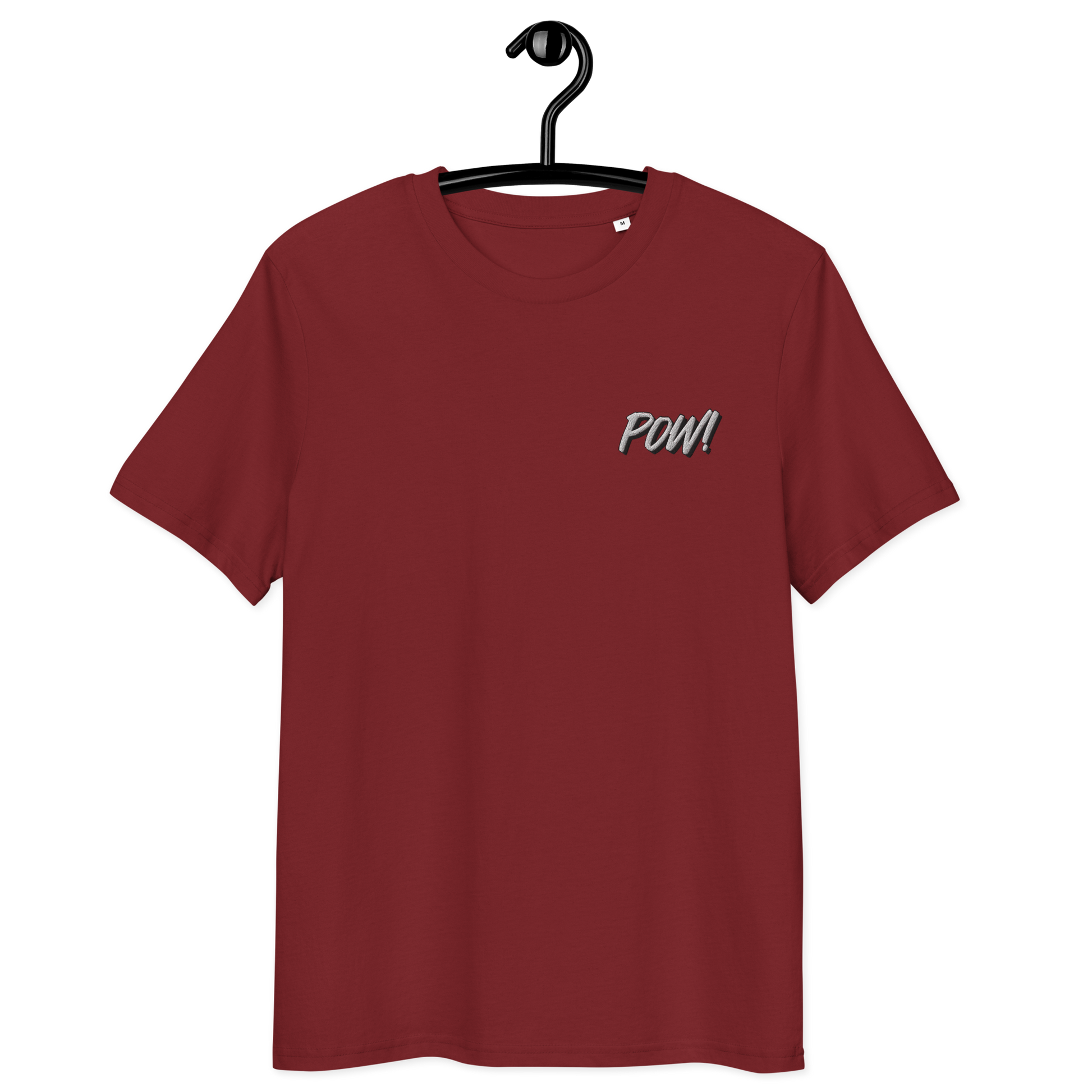 Front view of a burgundy embroidered bitcoin t-shirt.