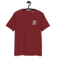 Front view of a burgundy embroidered bitcoin t-shirt.