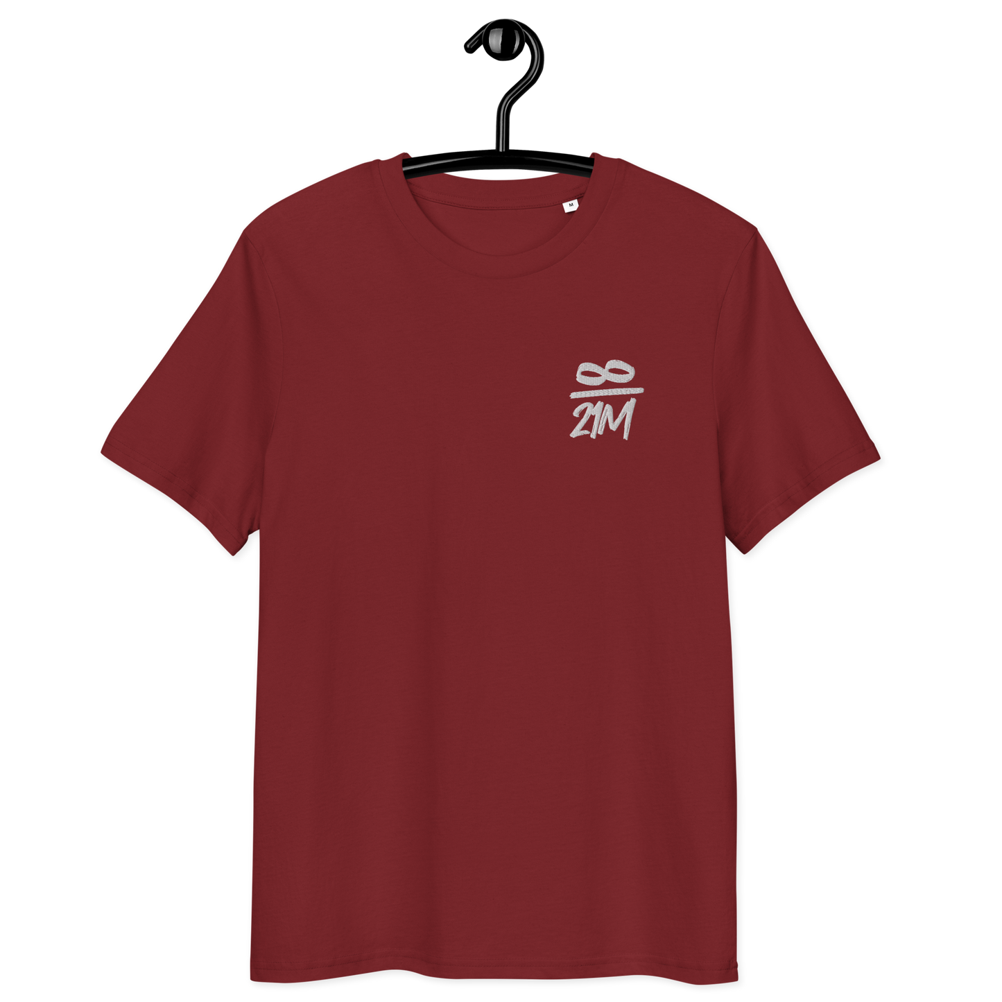 Front view of a burgundy embroidered bitcoin t-shirt.