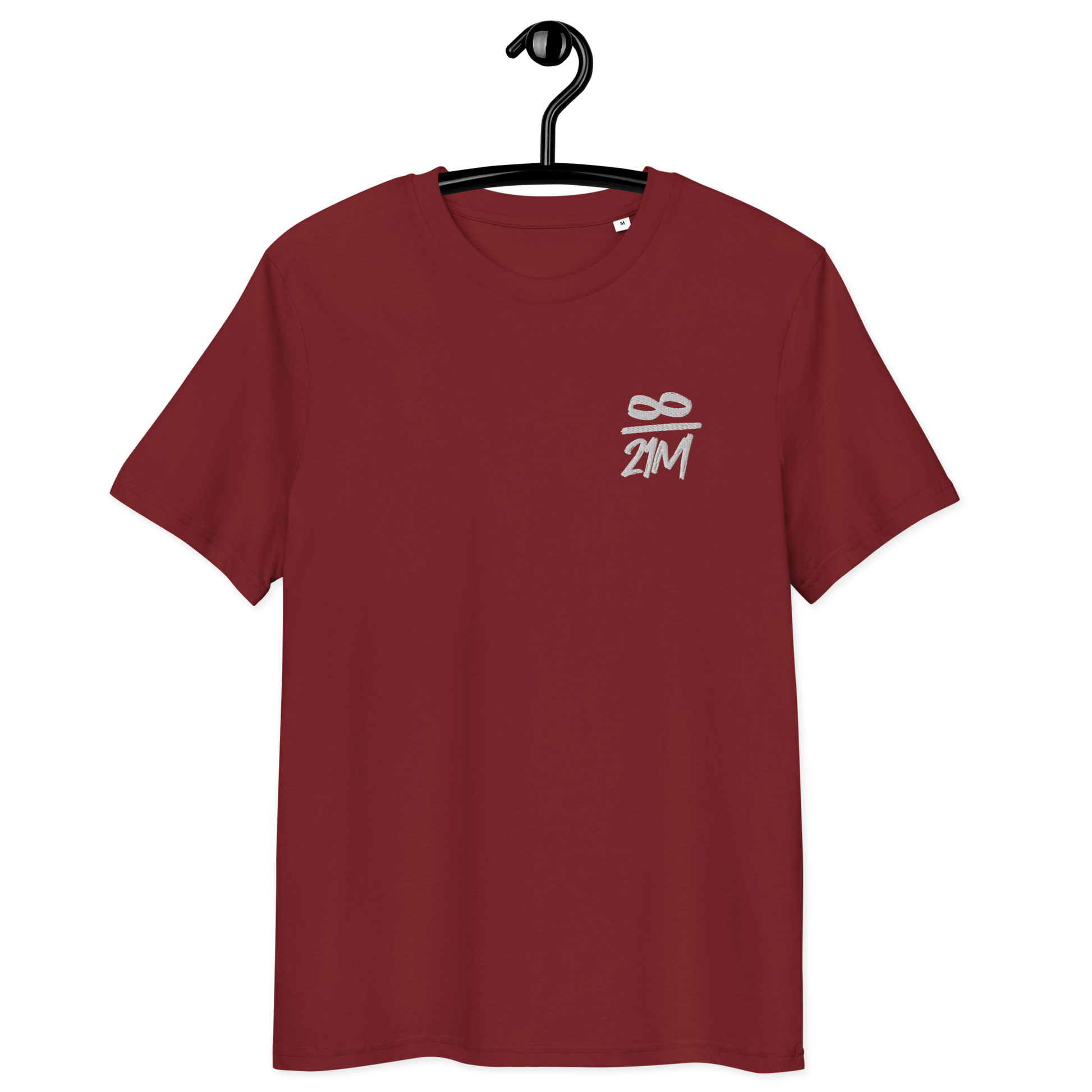 Front view of a burgundy embroidered bitcoin t-shirt.