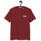 Front view of a burgundy embroidered bitcoin t-shirt.