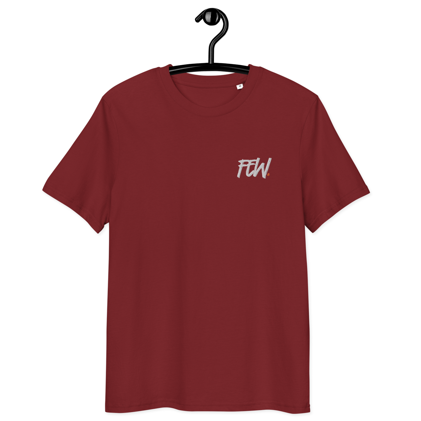 Front view of a burgundy embroidered bitcoin t-shirt.