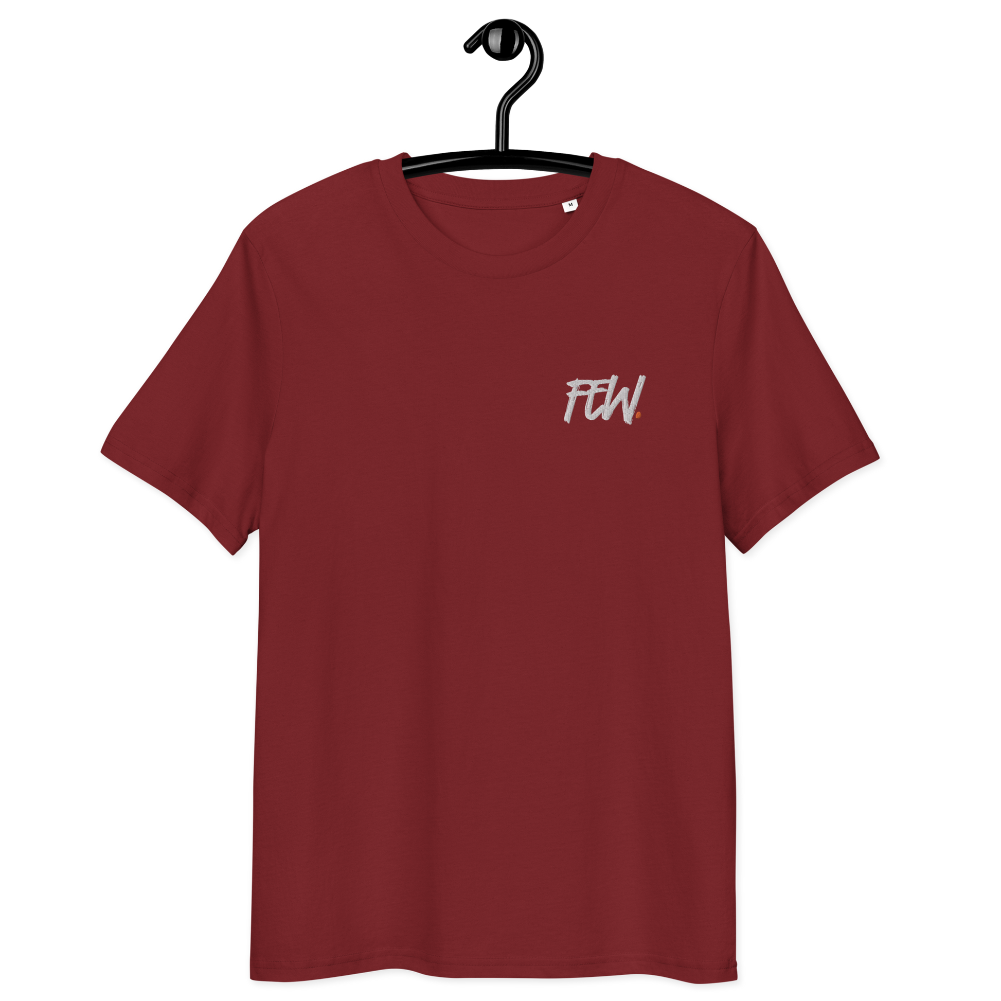 Front view of a burgundy embroidered bitcoin t-shirt.