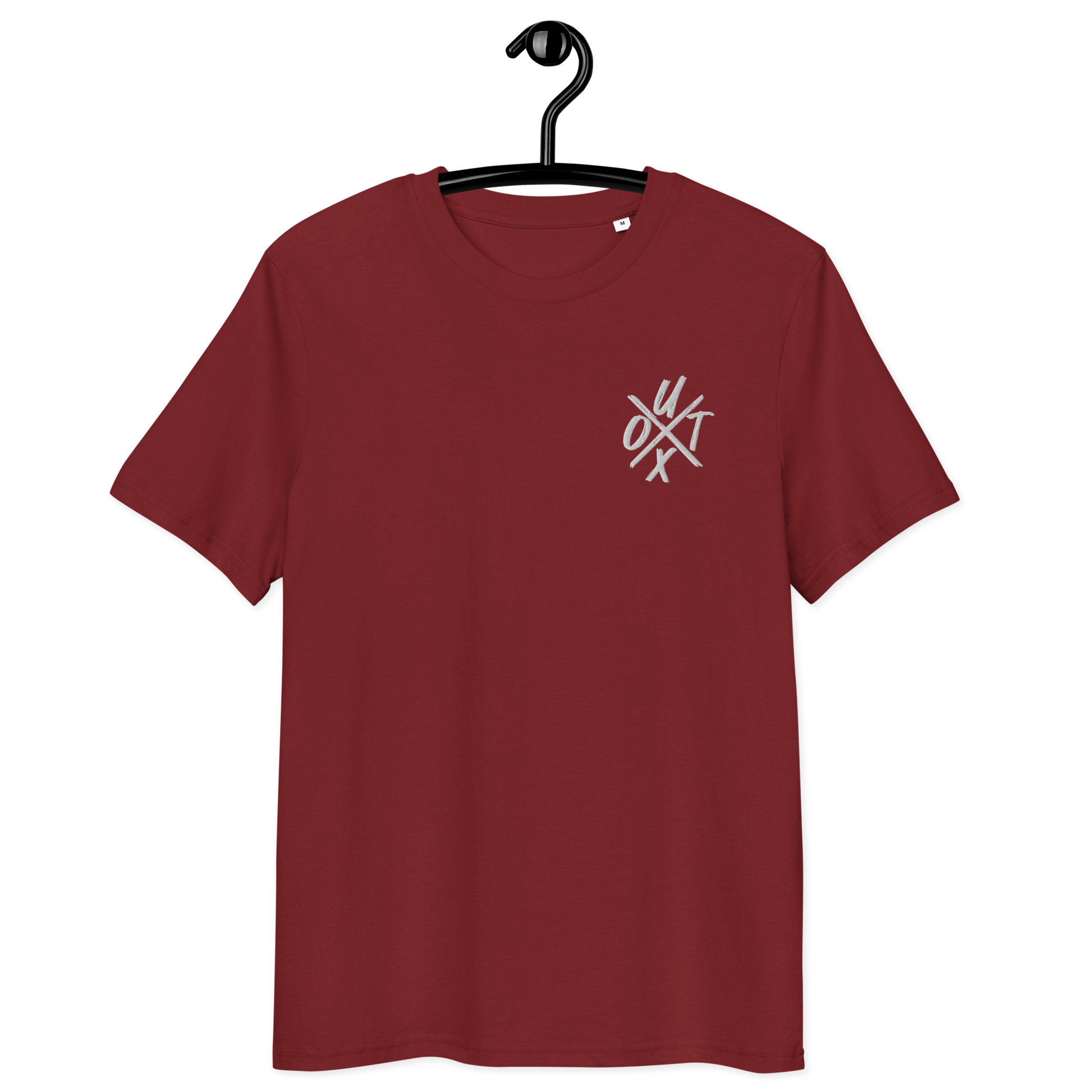 Front view of a burgundy embroidered bitcoin t-shirt.