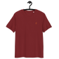 Front view of a burgundy embroidered bitcoin t-shirt.