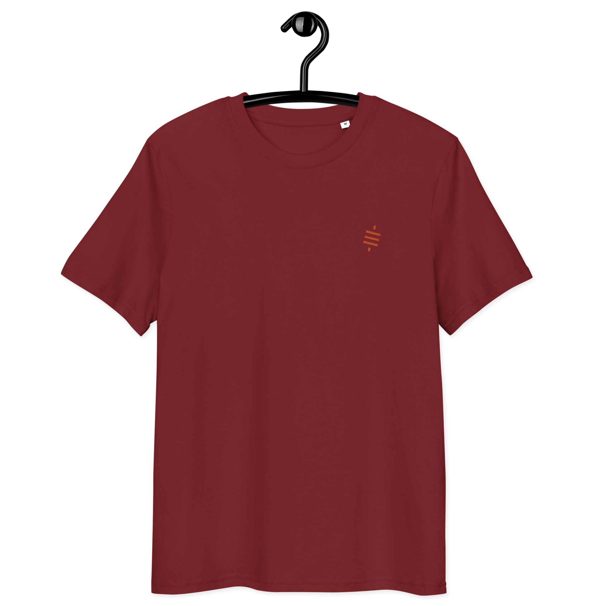 Front view of a burgundy embroidered bitcoin t-shirt.