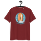 Front view of a burgundy bitcoin t-shirt.