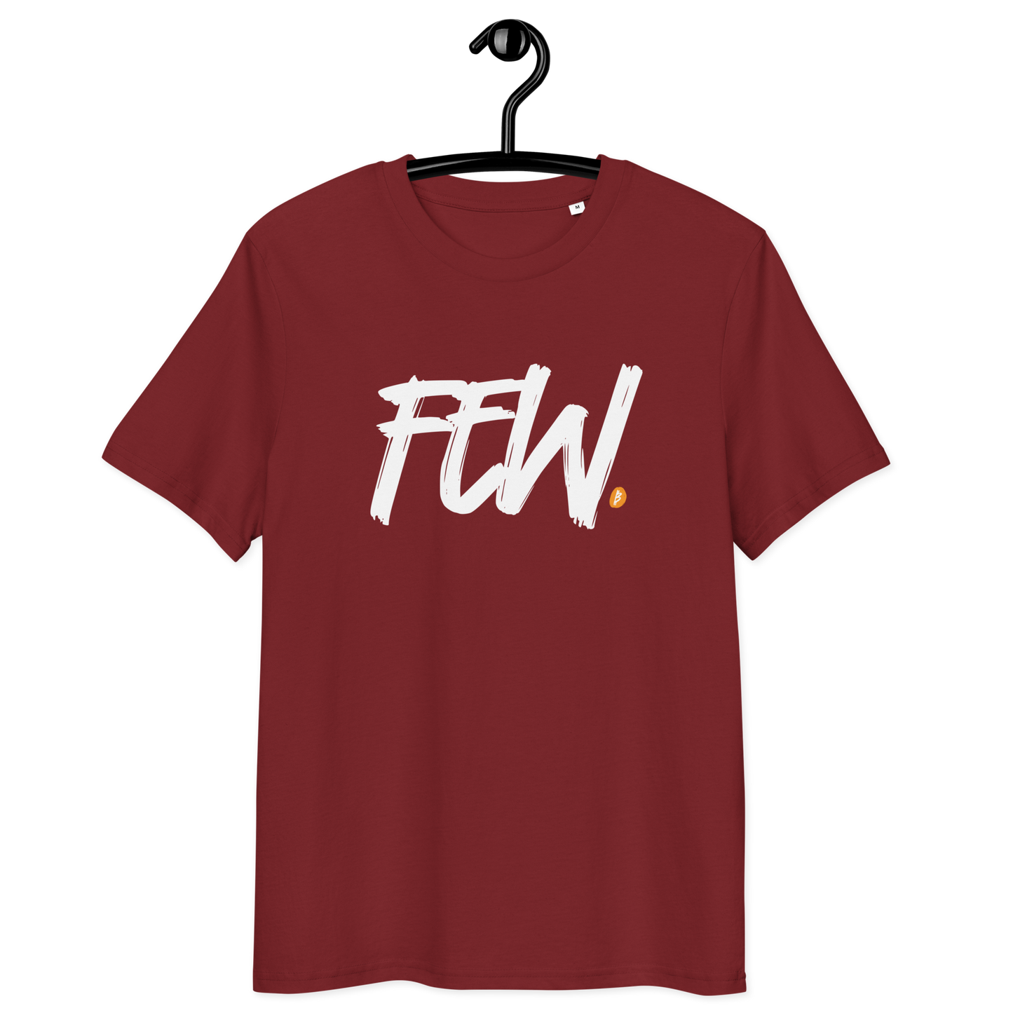 Front view of a burgundy bitcoin t-shirt.