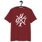 Front view of a burgundy bitcoin t-shirt.