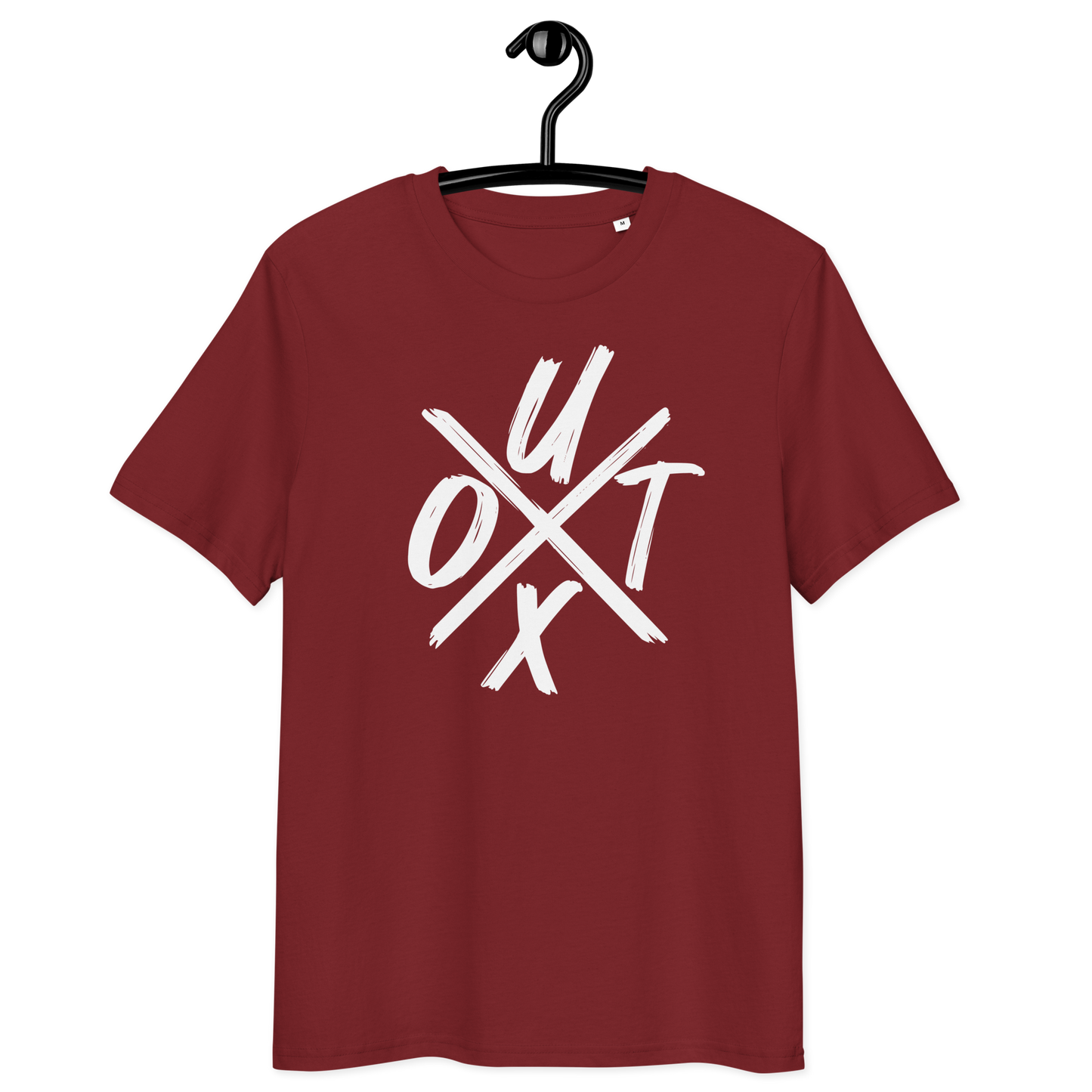 Front view of a burgundy bitcoin t-shirt.