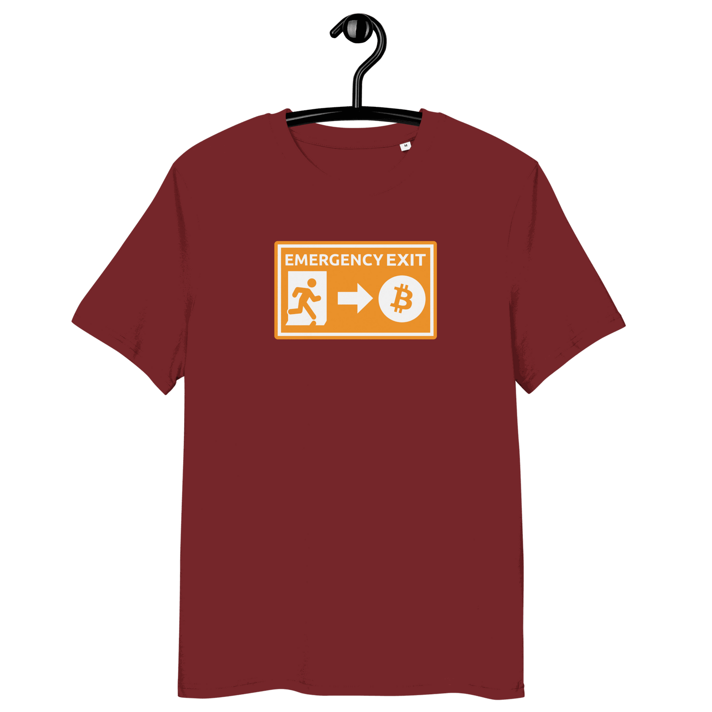 Emergency exit organic cotton bitcoin t-shirt with eco-friendly certifications
