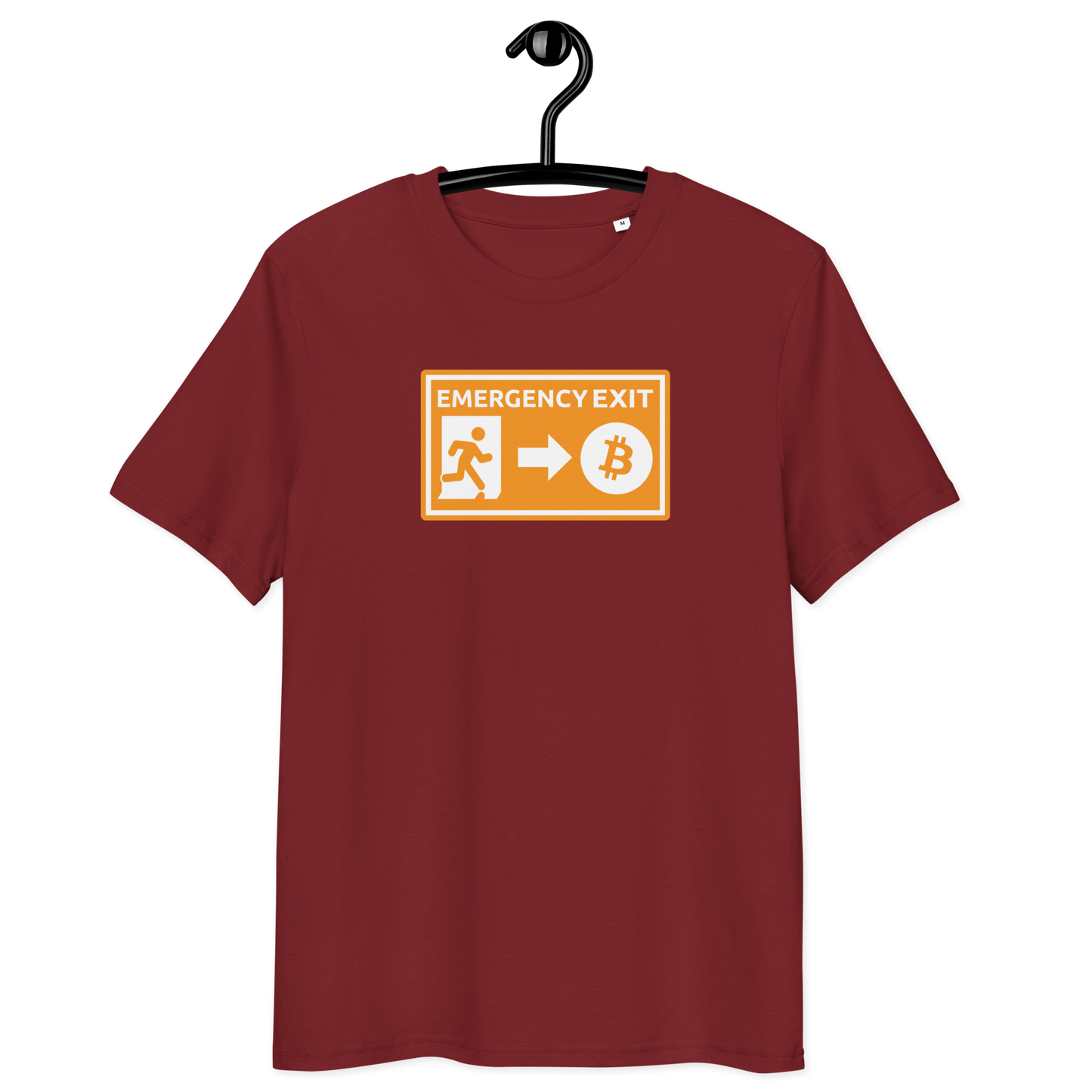 Front view of a burgundy bitcoin t-shirt.