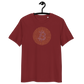 Front view of a burgundy bitcoin t-shirt.