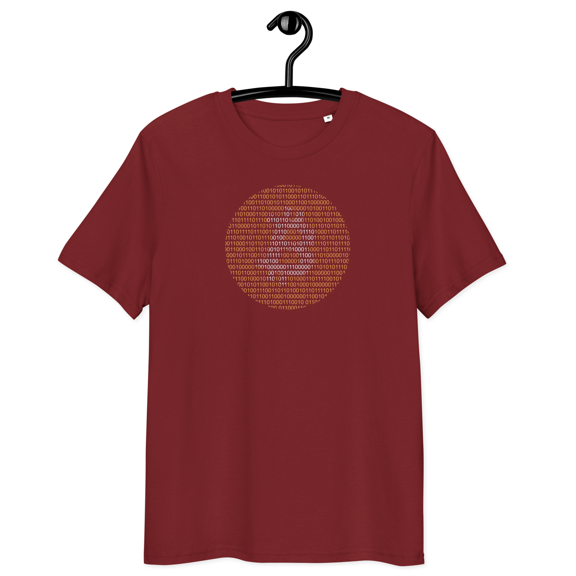 Front view of a burgundy bitcoin t-shirt.