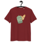 Front view of a burgundy bitcoin t-shirt.