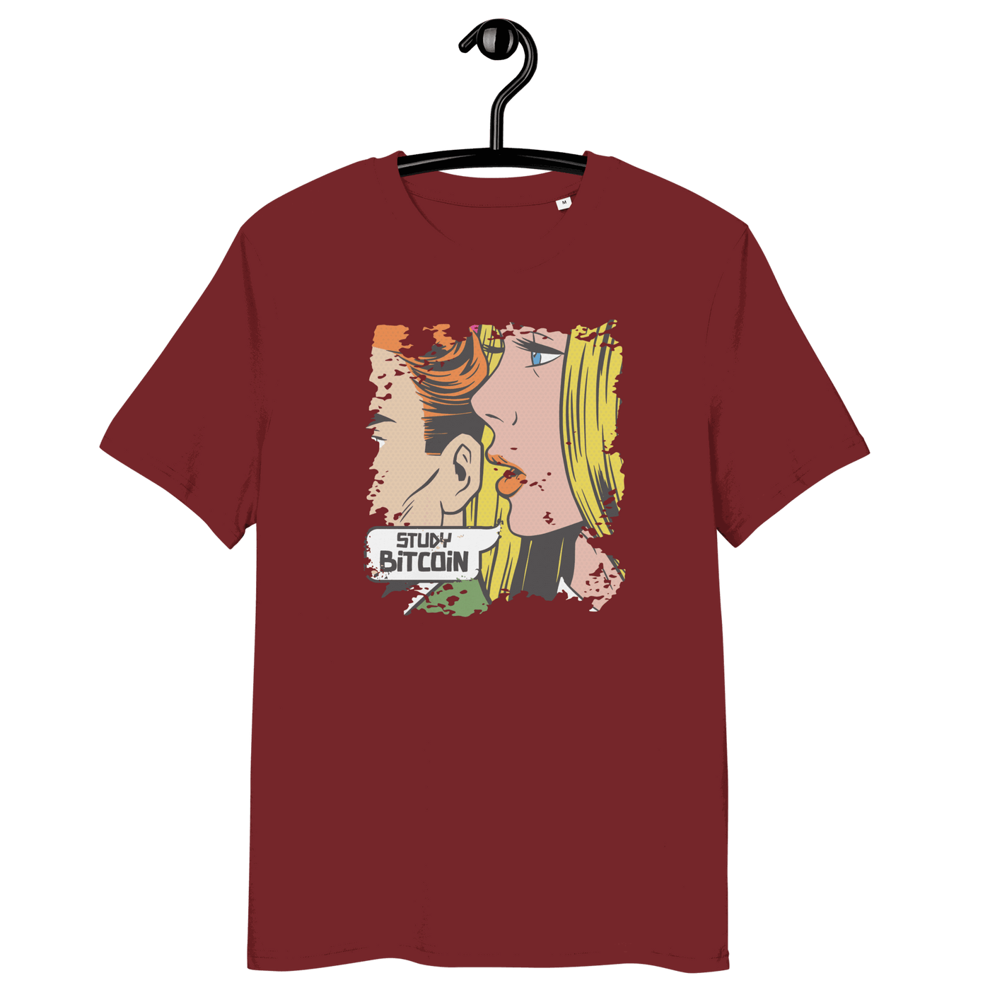 Organic cotton t-shirt with Study Bitcoin comic design and eco-friendly certifications