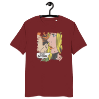 Organic cotton t-shirt with Study Bitcoin comic design and eco-friendly certifications