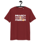 Front view of a burgundy bitcoin t-shirt.