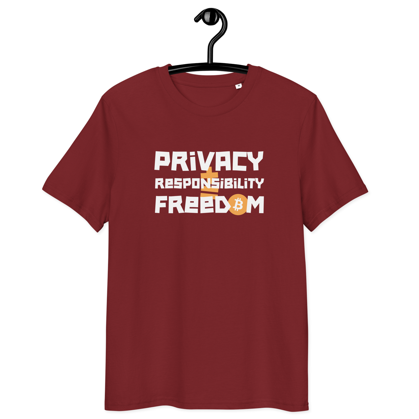 Front view of a burgundy bitcoin t-shirt.