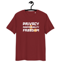 Organic Cotton Bitcoin T-Shirt with privacy and responsibility message and eco-friendly certifications