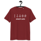 Front view of a burgundy bitcoin t-shirt.