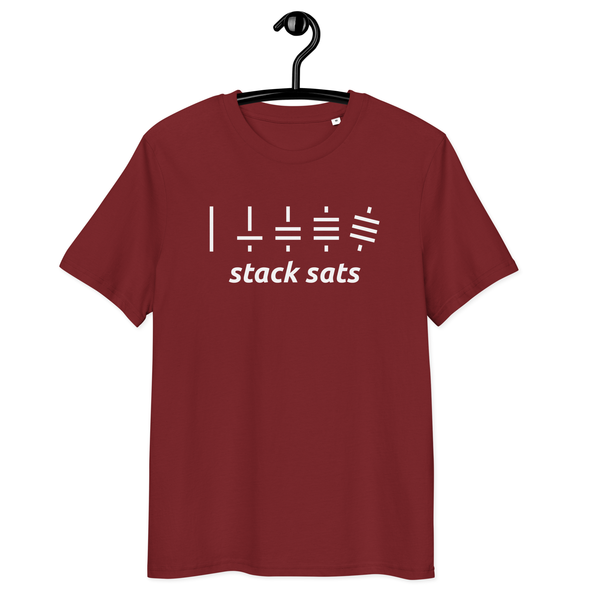 Front view of a burgundy bitcoin t-shirt.