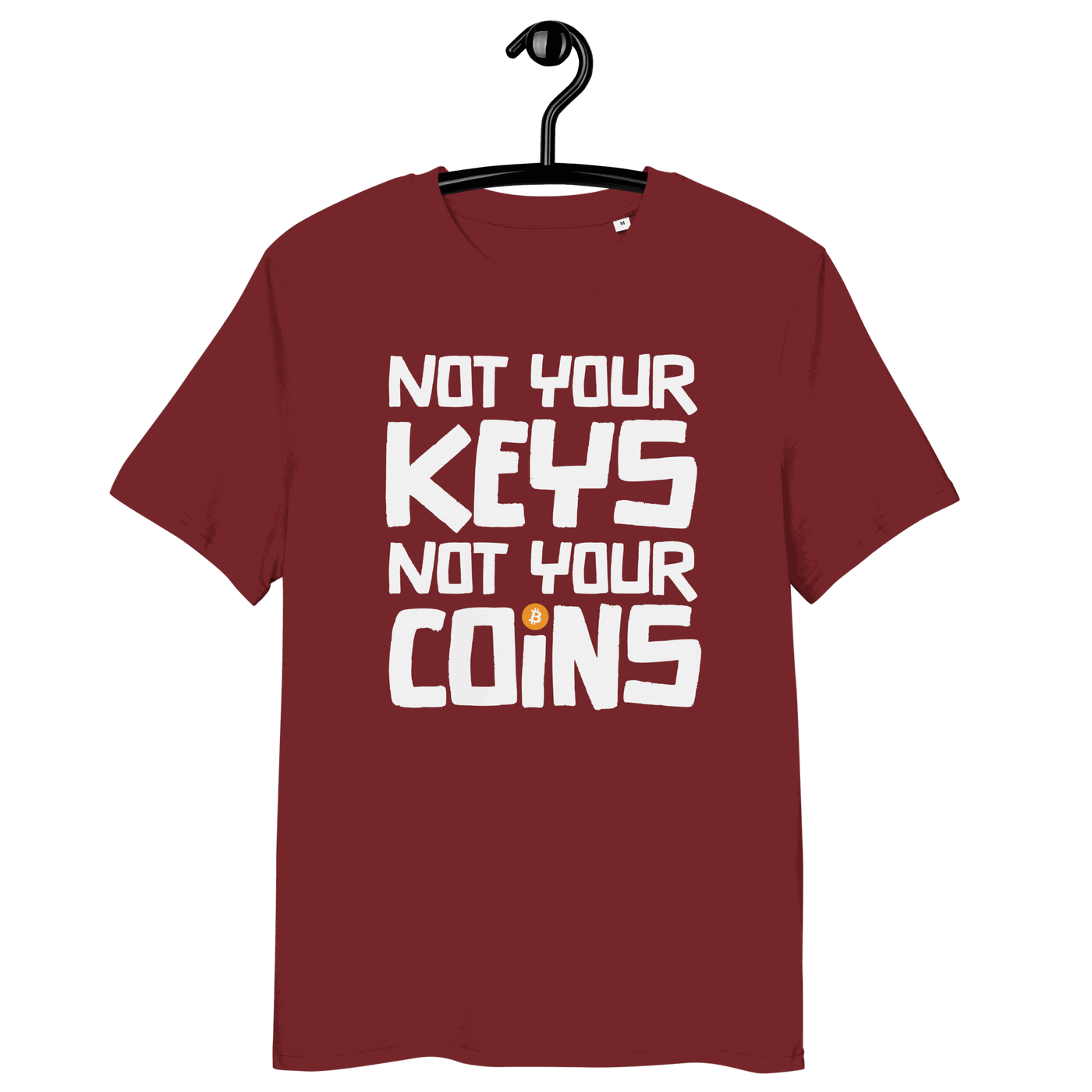 Front view of a burgundy bitcoin t-shirt.