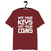 Front view of a burgundy bitcoin t-shirt.