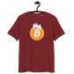 Front view of a burgundy bitcoin t-shirt.