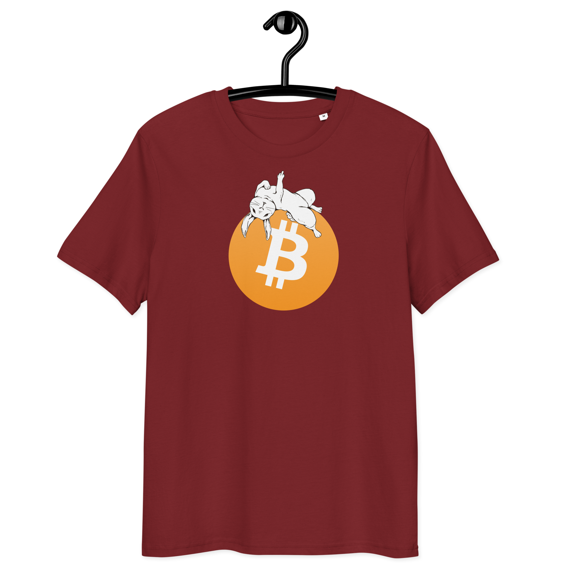 Front view of a burgundy bitcoin t-shirt.