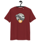 Front view of a burgundy bitcoin t-shirt.