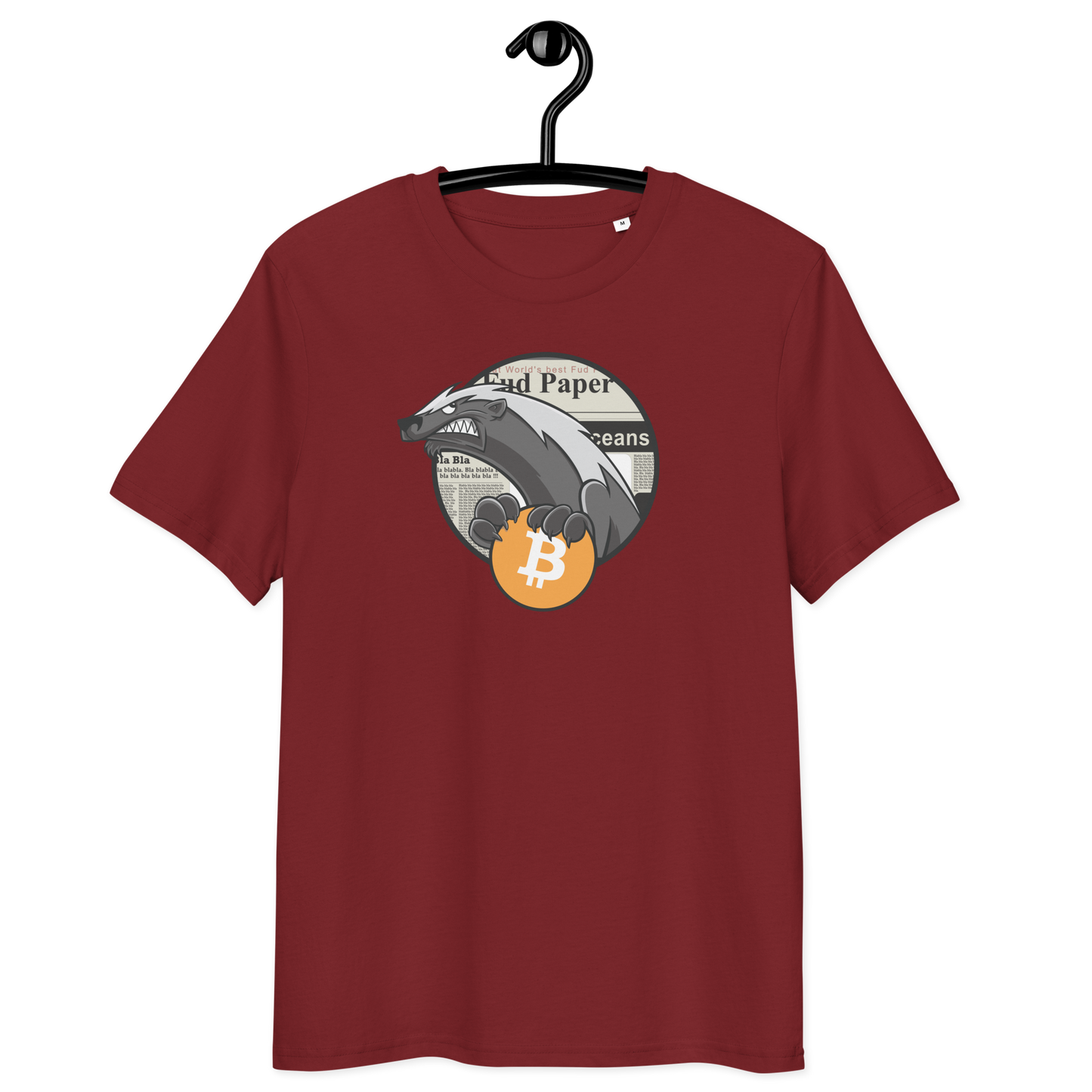 Front view of a burgundy bitcoin t-shirt.