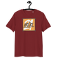 Front view of a burgundy bitcoin t-shirt.