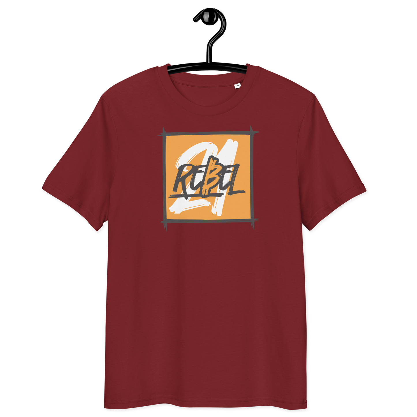 Front view of a burgundy bitcoin t-shirt.