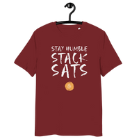 Organic cotton Stay Humble Stack Sats Bitcoin t-shirt with eco-friendly certifications